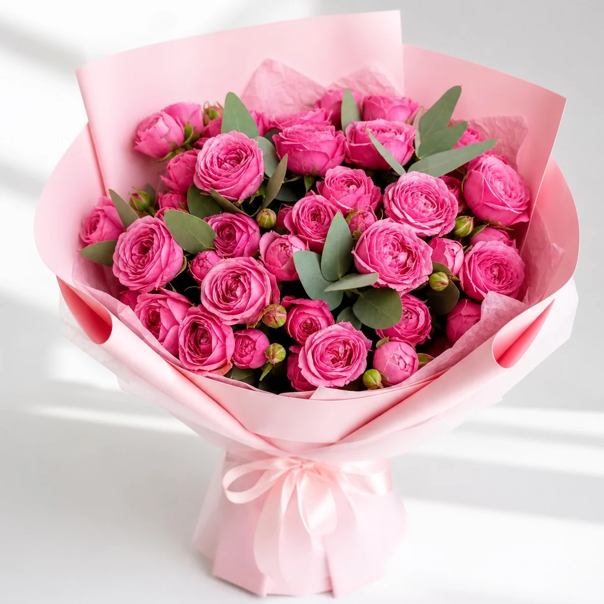Fresh 11 Rosy Peony Blush Bouquet with dark pink peony roses in soft pink wrapping